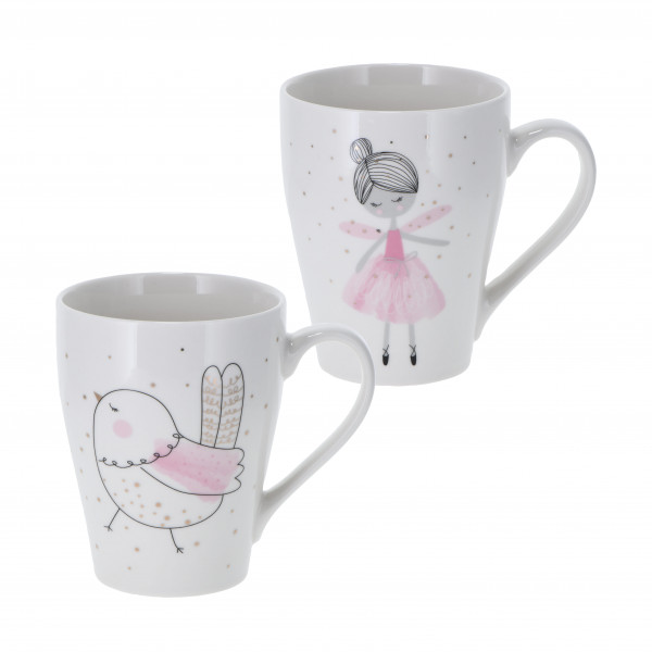 Porzellanbecher 'Fairy &amp; Birdy' 370 ml, weiß/rosa/gold, 2-fach