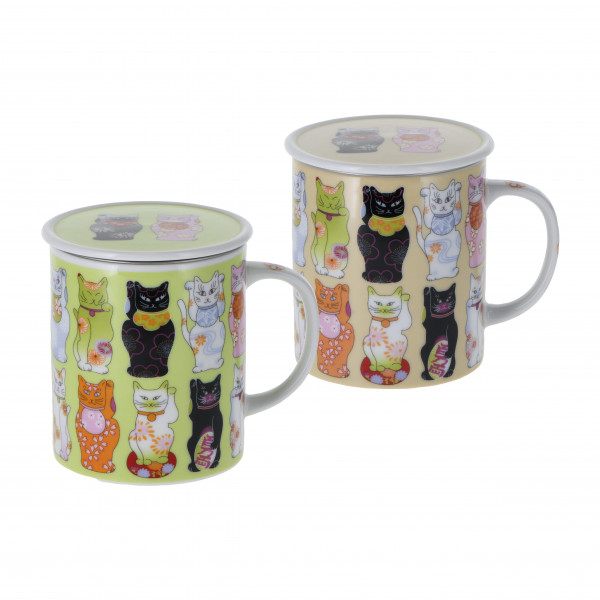 Japan 'Maneki-neko' lidded mug with strainer, 2-piece set