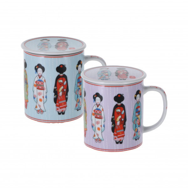 Japan 'Maiko' lidded mug with strainer, assorted sizes