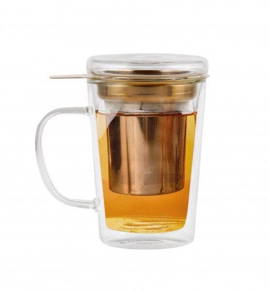 Glas Deckelbecher 'Amo' 300 ml mit Goldfilter, doppelwandig