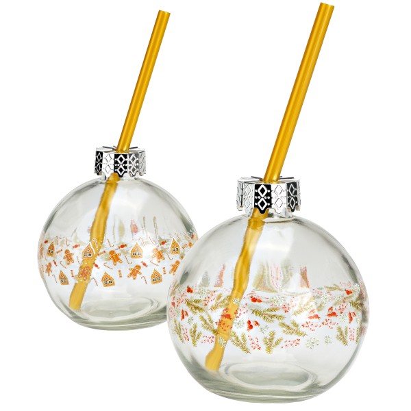 Weihnachtskugel Trinkglas mit Strohhalm 220 ml, 2-fach sortiert